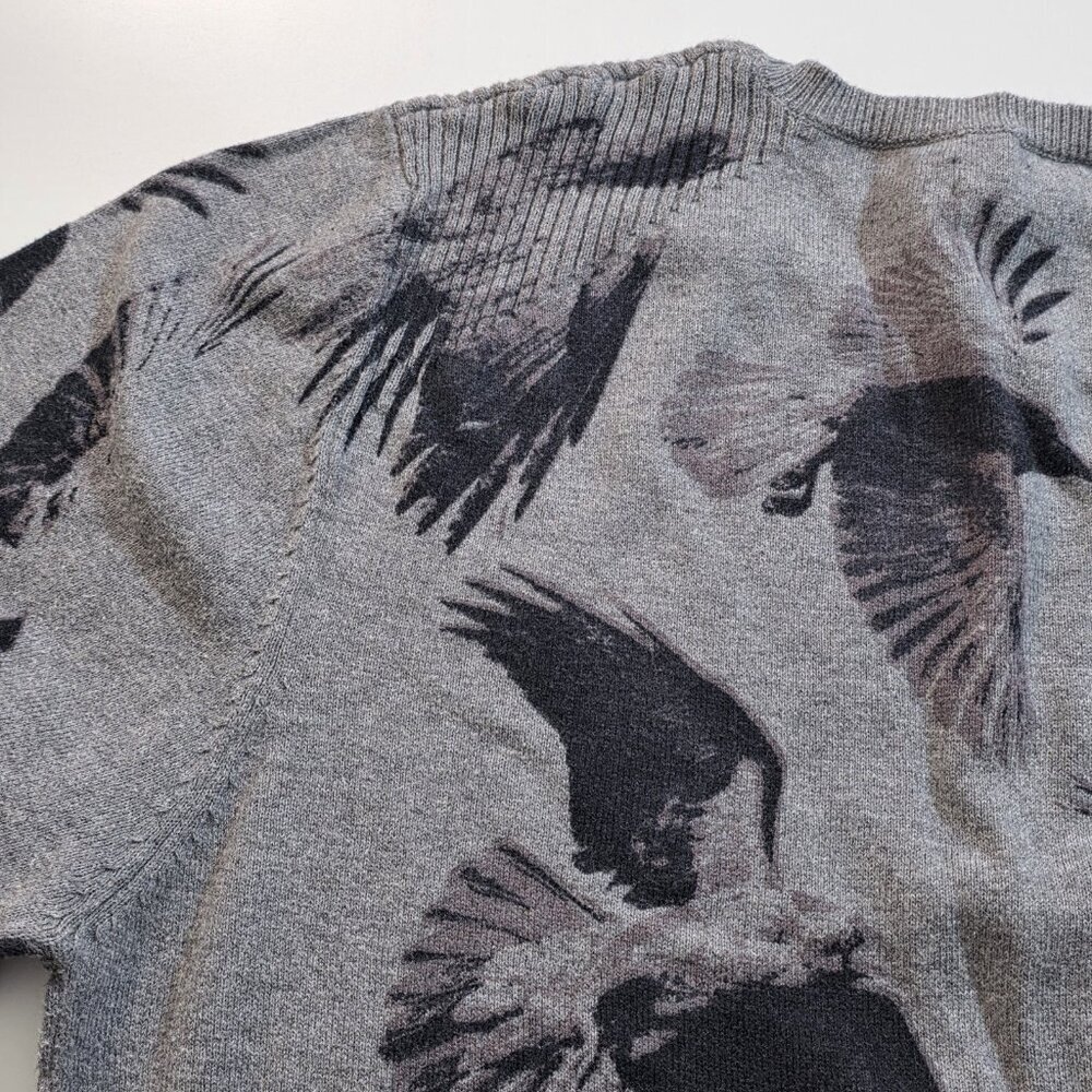 Ed Hardy Bird AOP Sweater Mens S Gray Beige LS Office Cottage Y2K Grunge Cotton - Picture 14 of 15